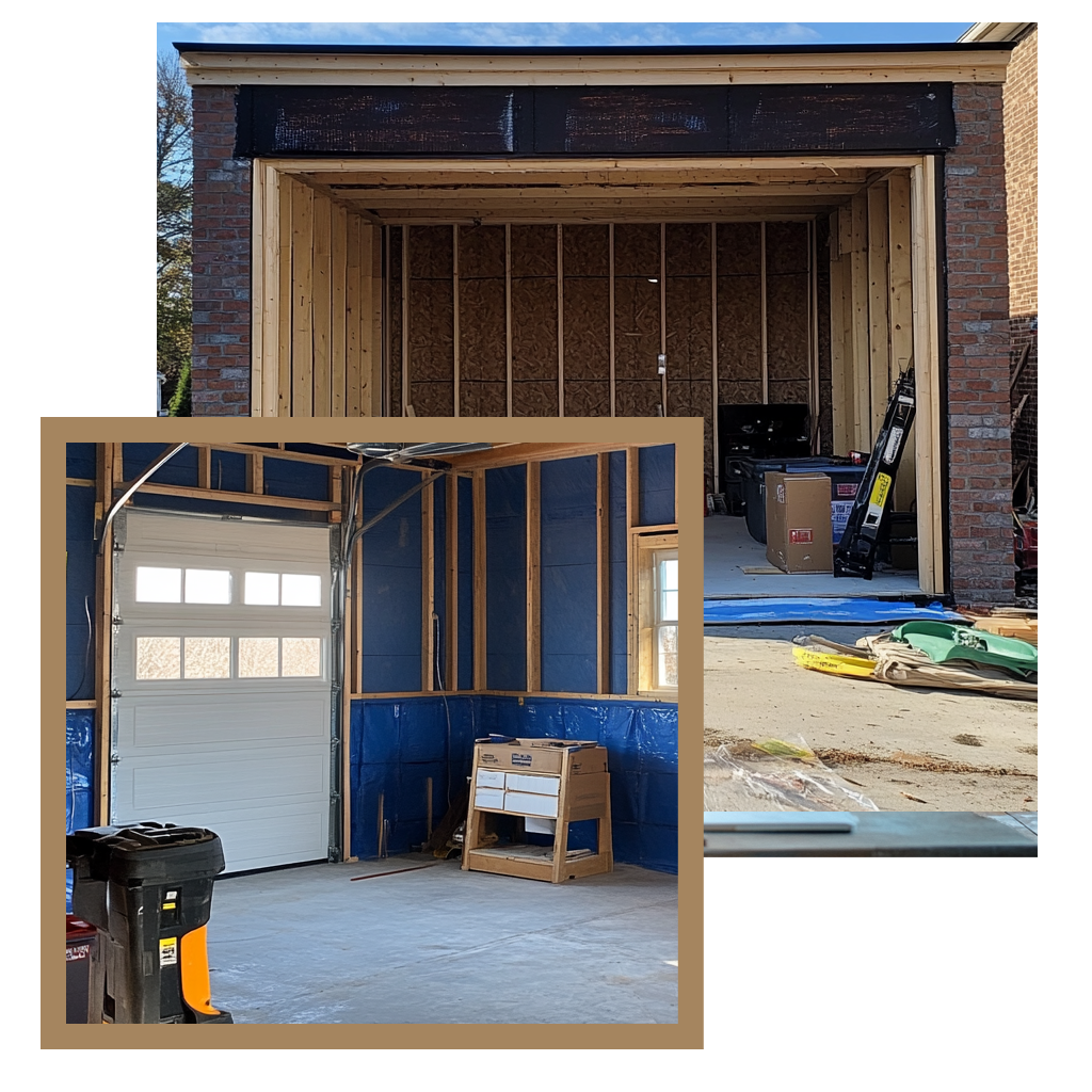 Garage addition under construction showing brick exterior and interior framing