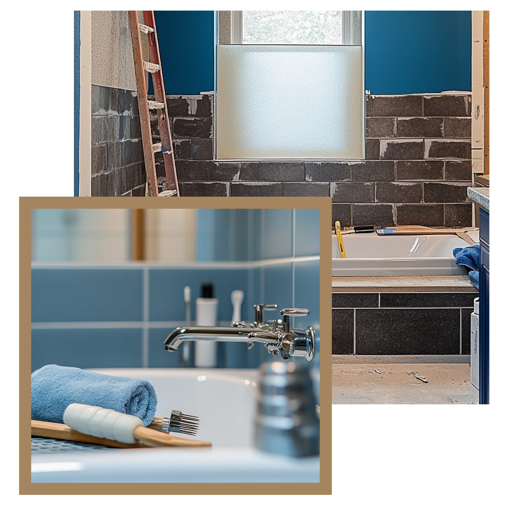Bathroom renovation showing tile work in progress and finished fixtures
