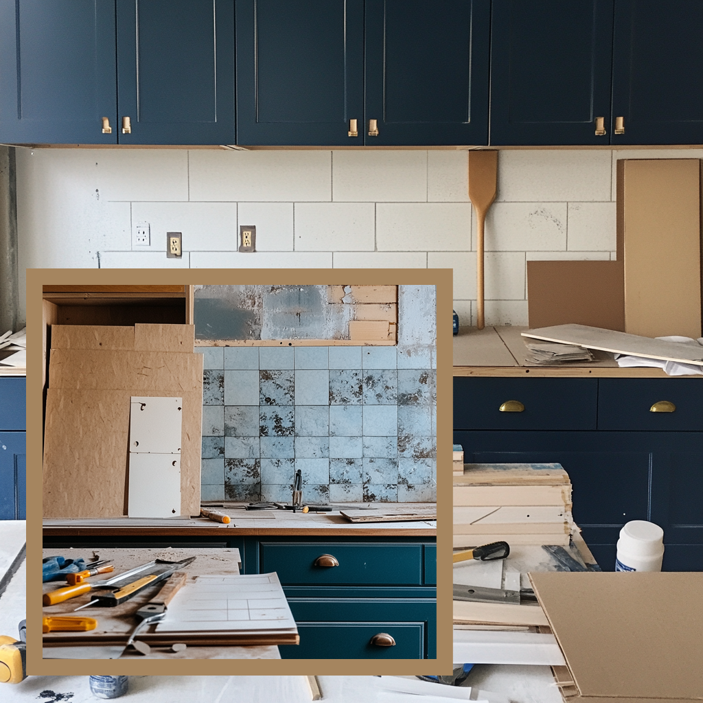 Kitchen renovation with dark cabinets, subway tile, and renovation in progress