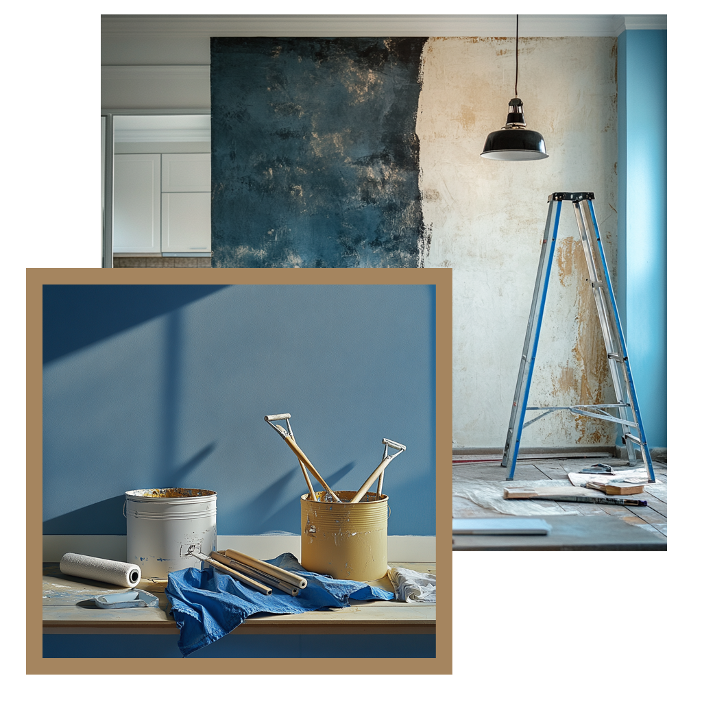 Home repair and painting in progress with supplies and ladder