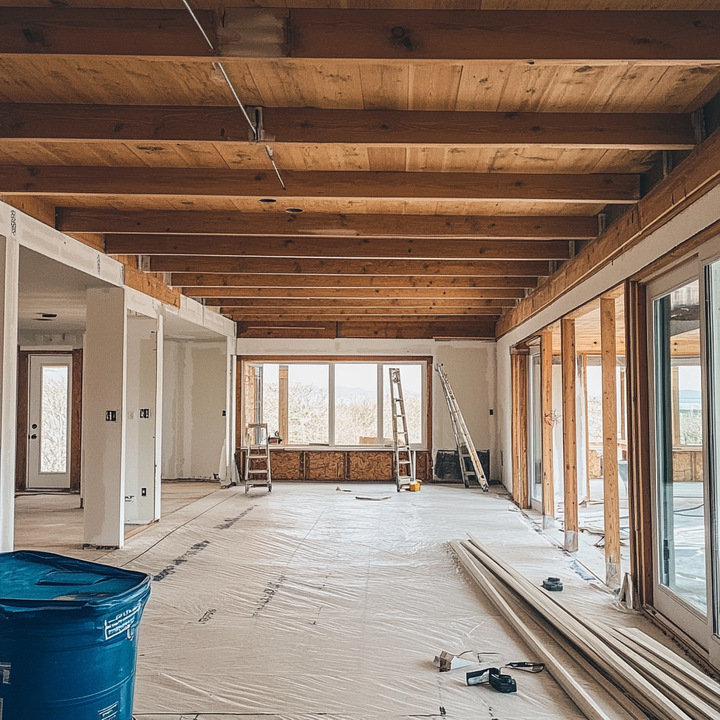 Interior home renovation in progress with exposed beams and natural light