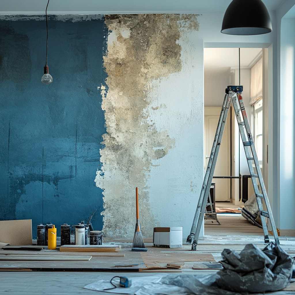 Interior room renovation in progress with ladder and painting supplies